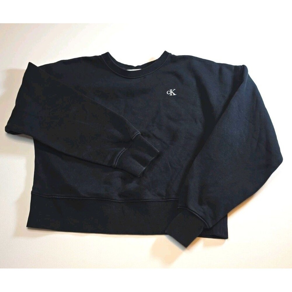 New Calvin Klein Archive Logo Fleece Cropped Sweatshirt Black XS Crewneck Preppy